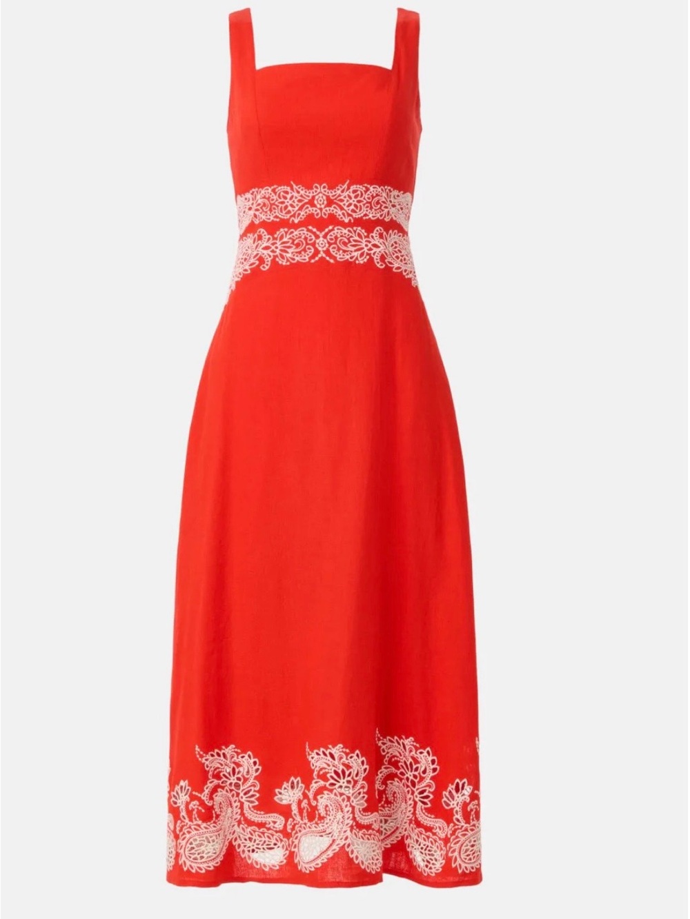 NWT Ted Baker Red Square-Neck Midi Dress with White Lace Trim size 6
